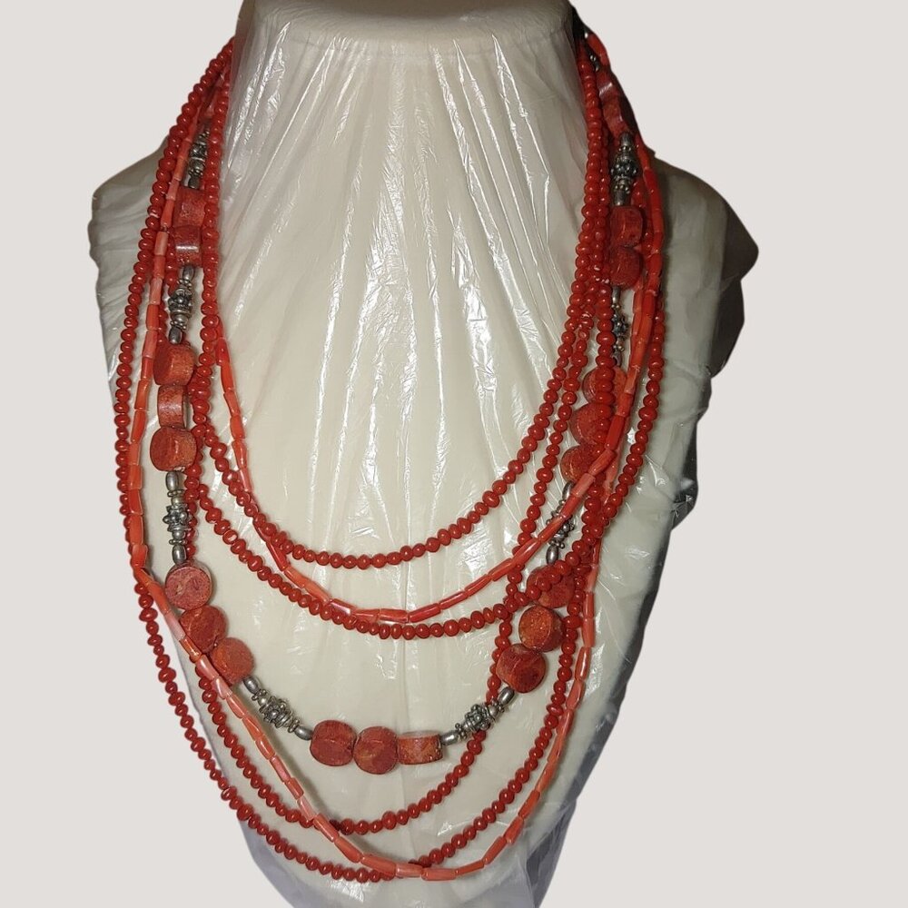 Red Coral Multi Strand Necklace 16 Inch Mexican 925 Sterling Silver Intricate